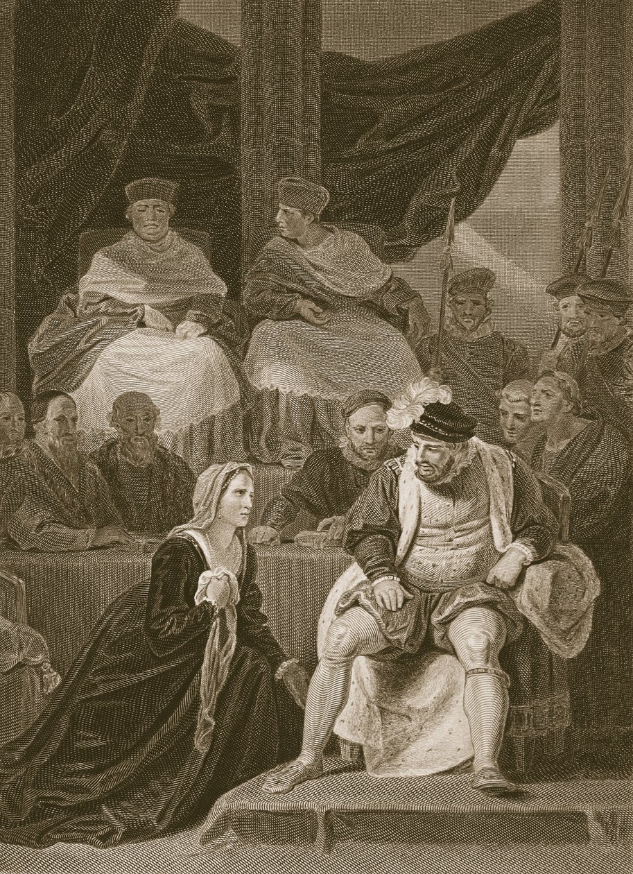 Henrik VIII:n avioliitto-oikeudenkäynti, kaiverrettu T. Hollowayn toimesta, kuvitus David Humen teoksesta 