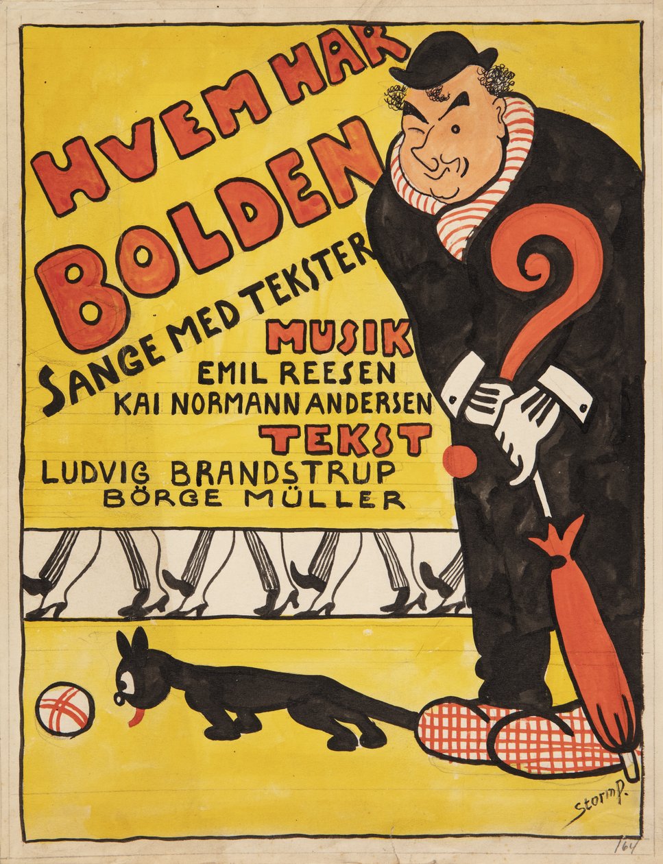 "Hvem har Bolden" otsikkosivun ulkoasu. Karikatyyri muotokuva Carl Alstrupin tekijältä Robert Storm Petersen