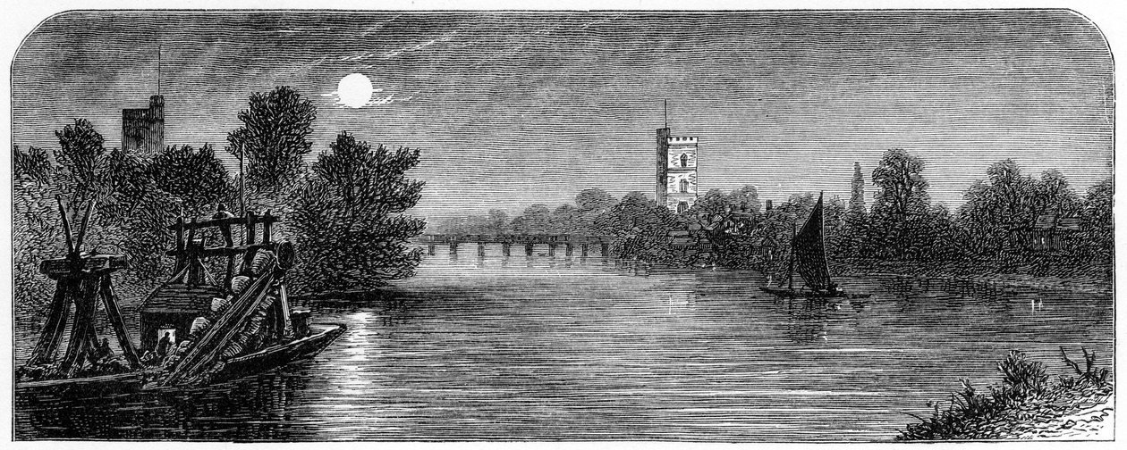 Putneyn silta ja kirkko Moonlightissa, 1880 tekijältä Robert Taylor Pritchett