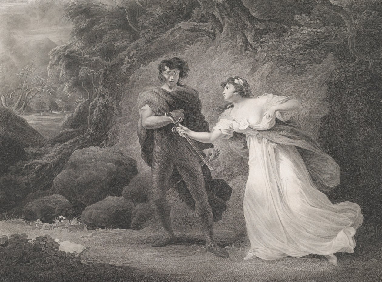 Pisanio ja Imogen Shakespeare, Cymbeline, näytös 3, kohtaus 4..., julkaistu ensimmäisen kerran 1801, julkaistu uudelleen 1852. tekijältä Robert Thew