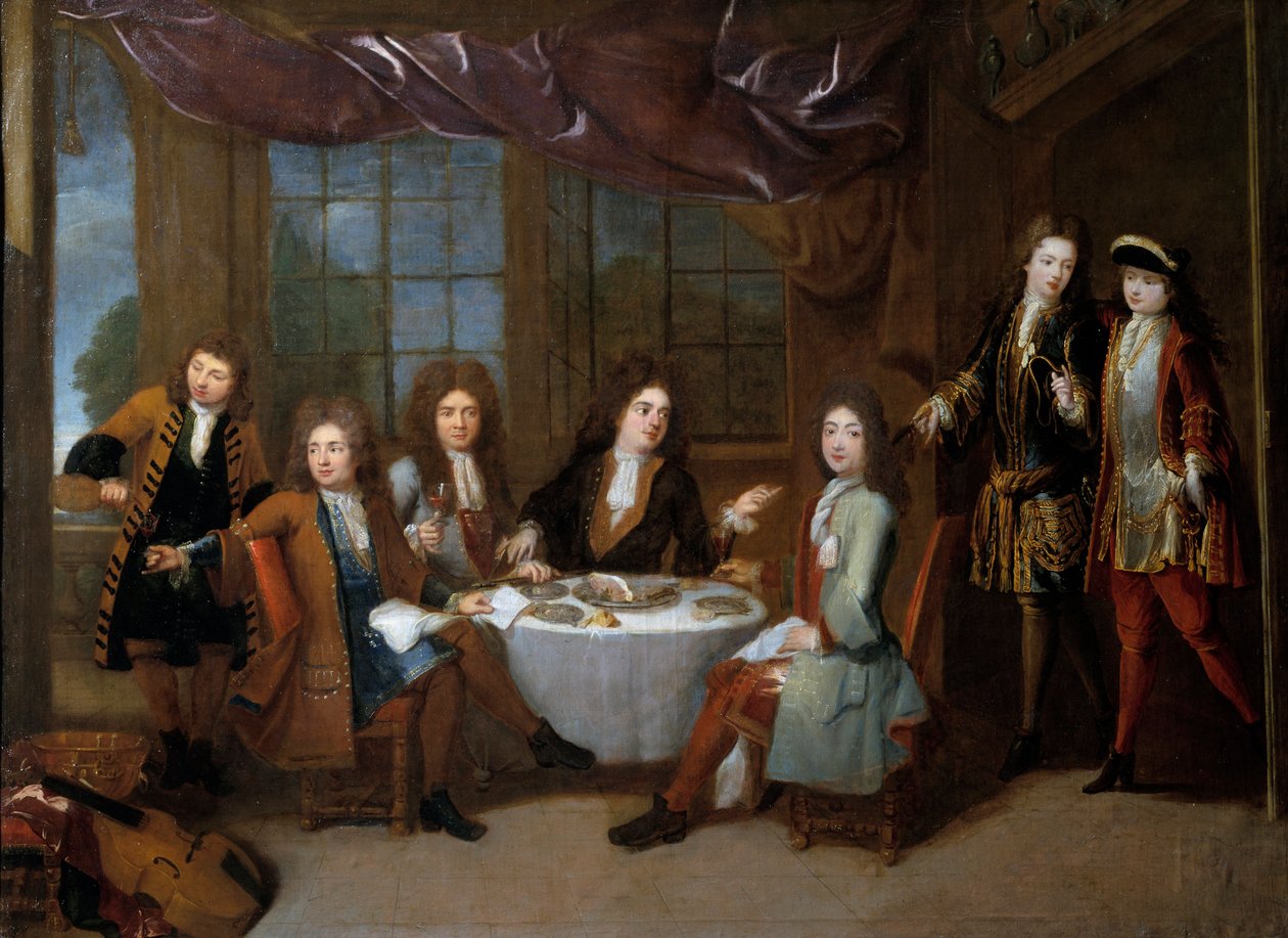 Kinkkuaamiainen. Aateliston miehet jakavat leikkeleillallisen. Robert Levrac Tournieresin (1667-1752) maalaus tekijältä Robert Tournieres