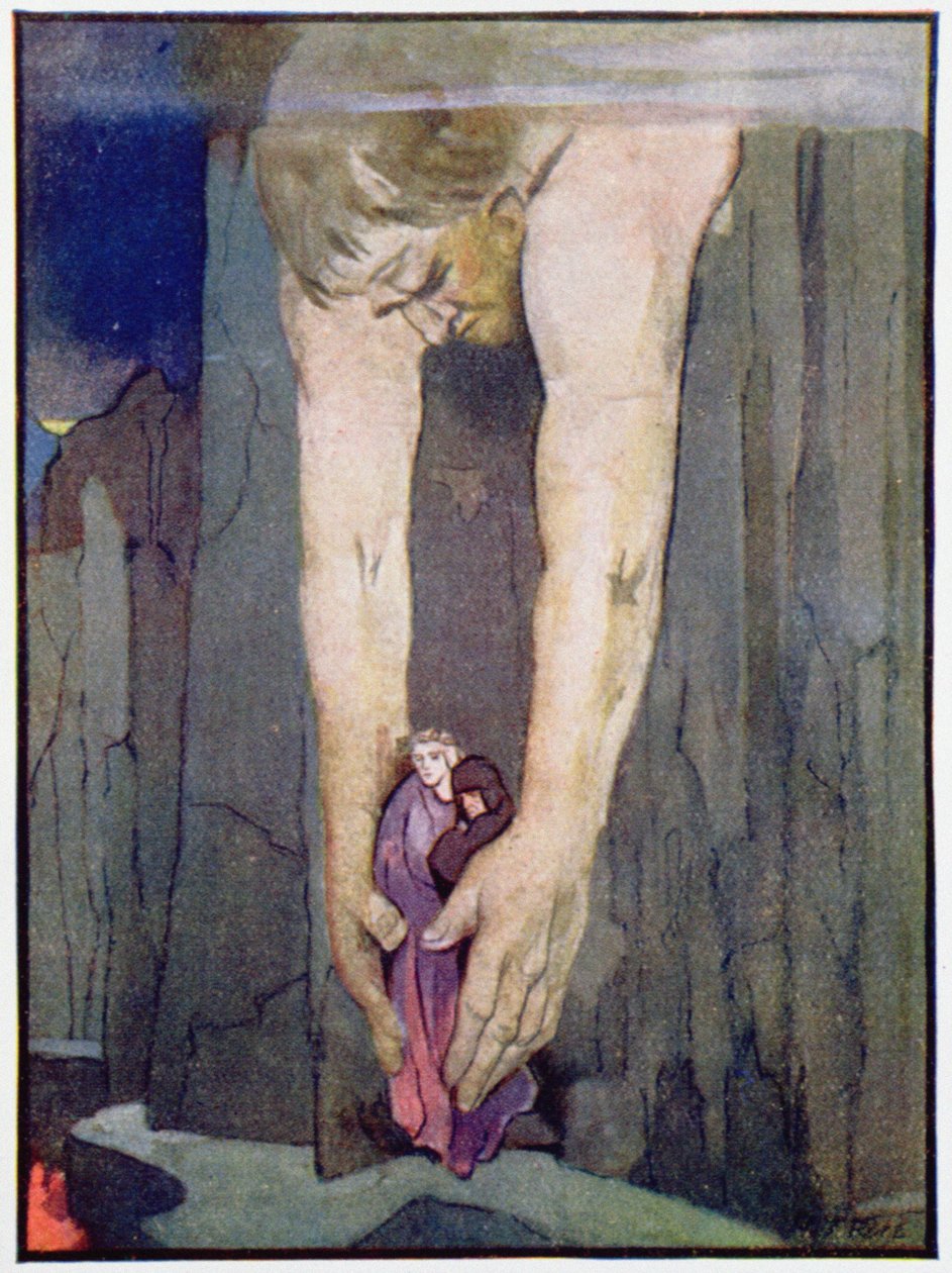 Antaeus laskee Virgiluksen ja Danten helvetin viimeisellä kehällä, n. 1910 (värilitho) tekijältä Robert Traill Rose