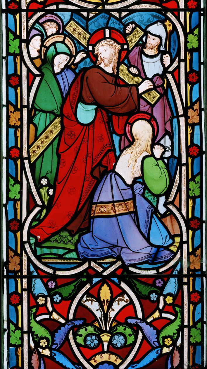 Kristus kantaa ristiä ja Maria Magdaleena, noin 1865 (lasimaalauksia). tekijältä Robert Turnill Bayne