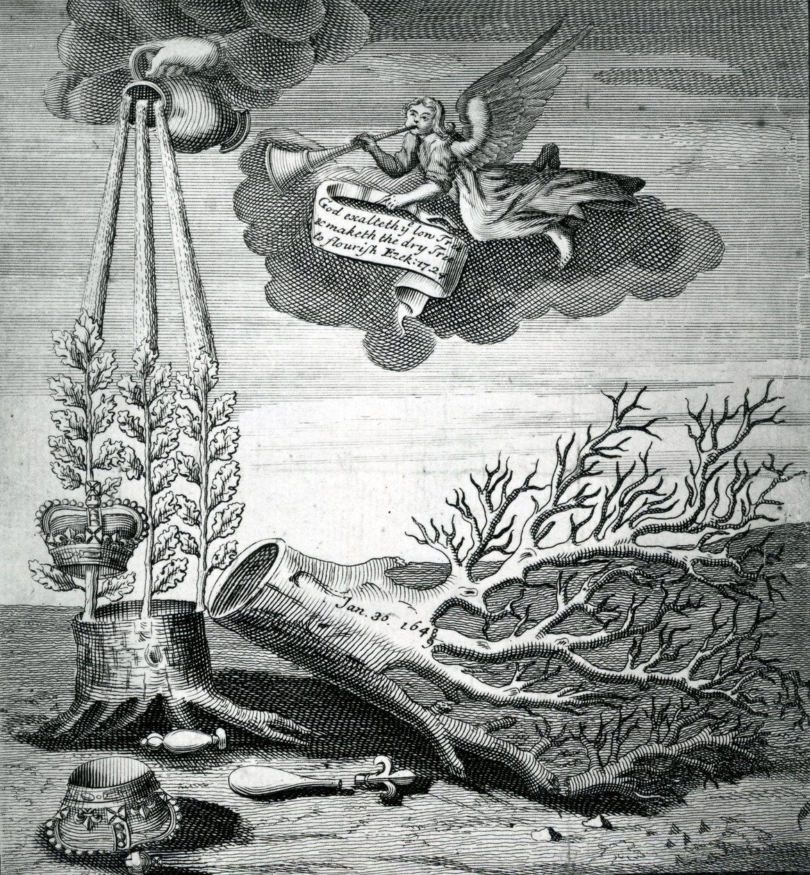 Tunnuskuva, joka viittaa Kaarle I:n teloitukseen ja Stuartin jälkeläiseen, 1715 tekijältä Robert Vaughan