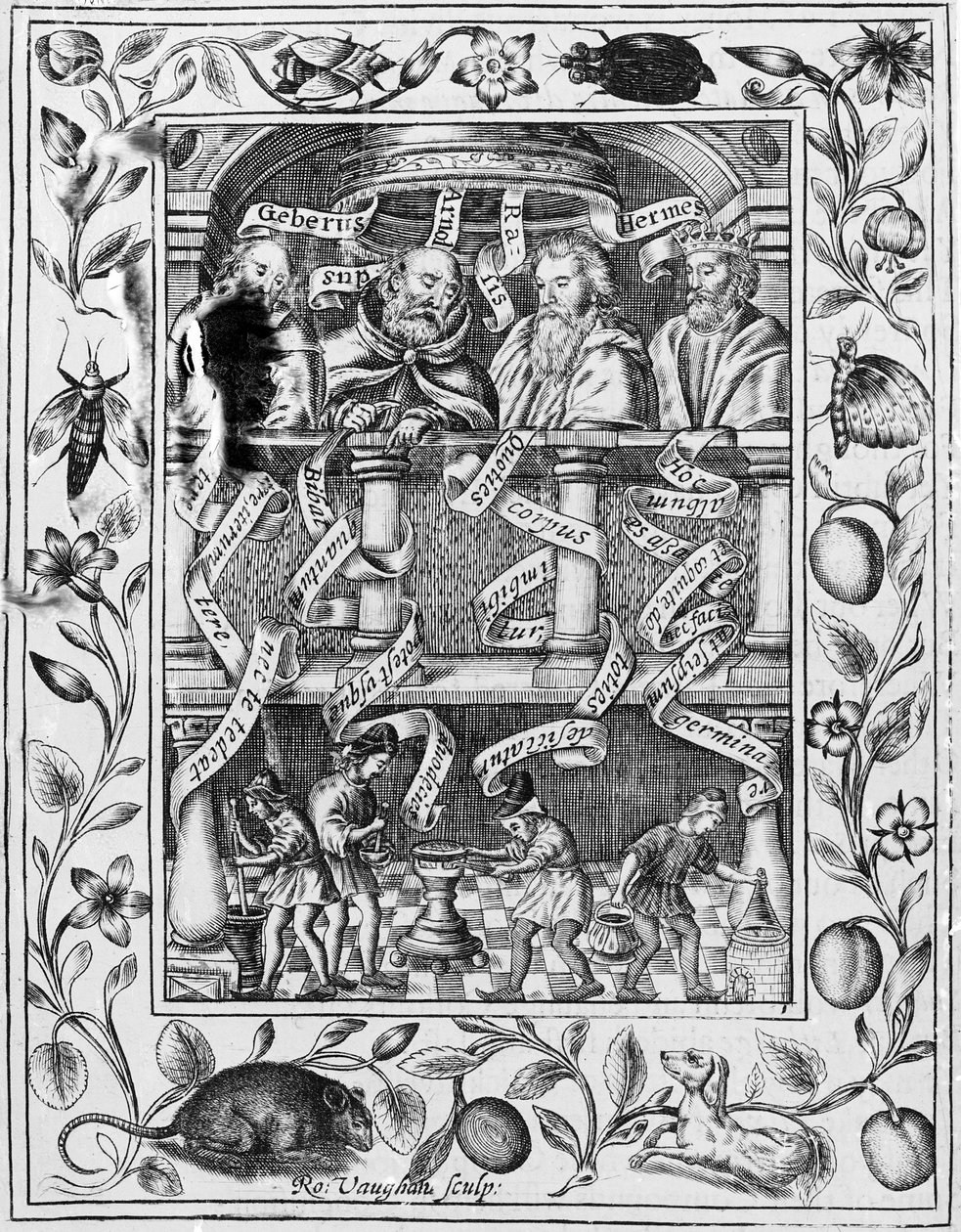Suuret alkemistit innoittavat laboratoriotyöskentelyyn Theatrum Chemicum Britannicum -teoksesta, 1652. tekijältä Robert Vaughan
