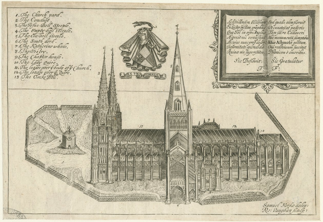 Lichfieldin katedraali - South View: kuparilevykaiverrus ja [1600-luku] tekijältä Robert Vaughan