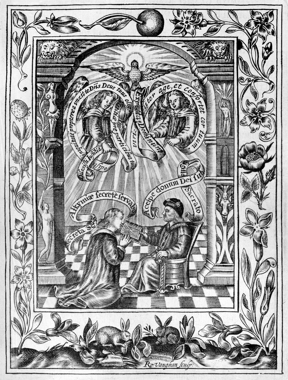 Thomas Norton esittelee Edward IV:lle käskynsä Theatrum Chemicum Britannicum -teoksesta, 1652. tekijältä Robert Vaughan