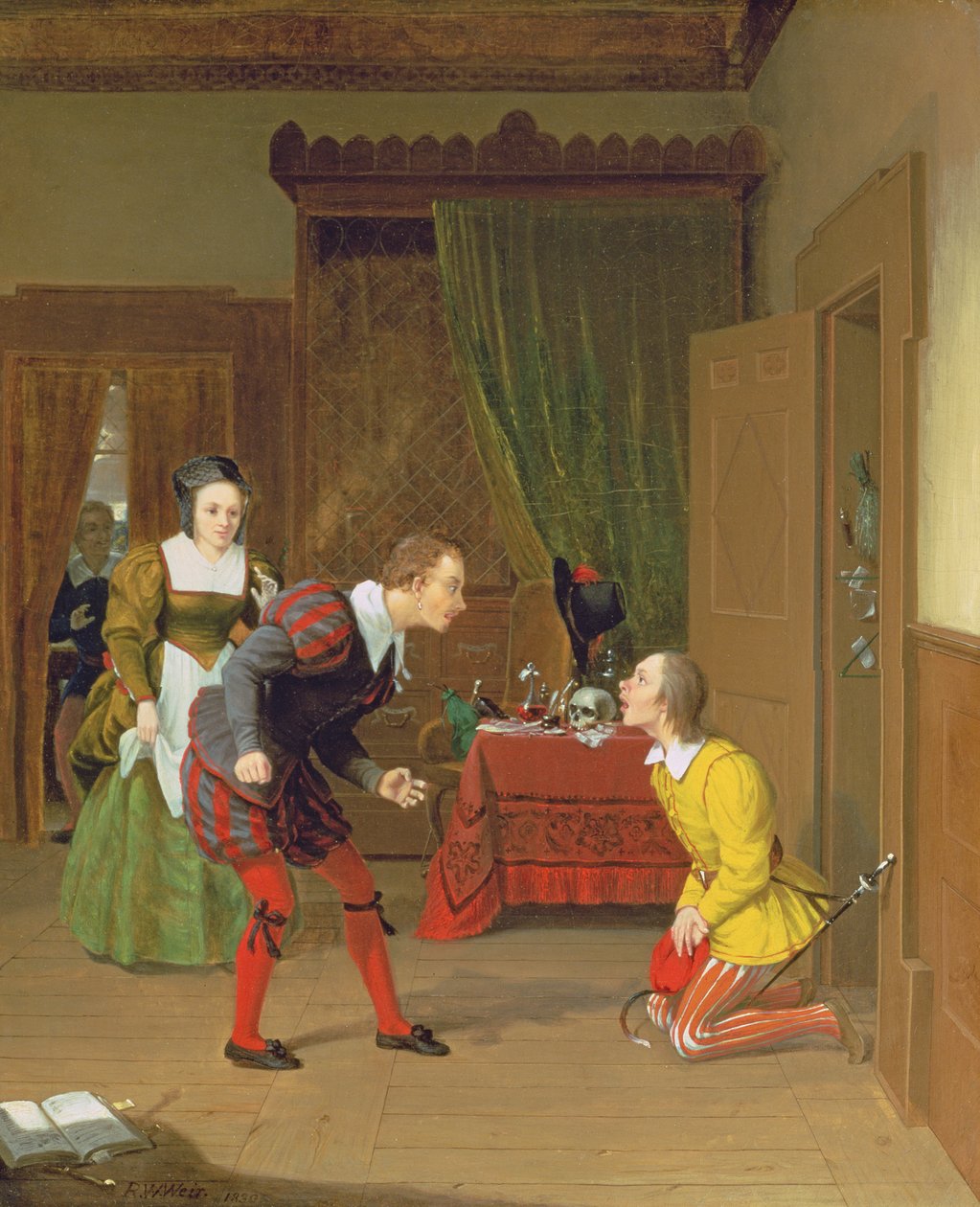 Tohtori Caius, Simple and Dame Quickly, kohtaus Windsorin iloisista vaimoista, 1830 tekijältä Robert Walter Weir