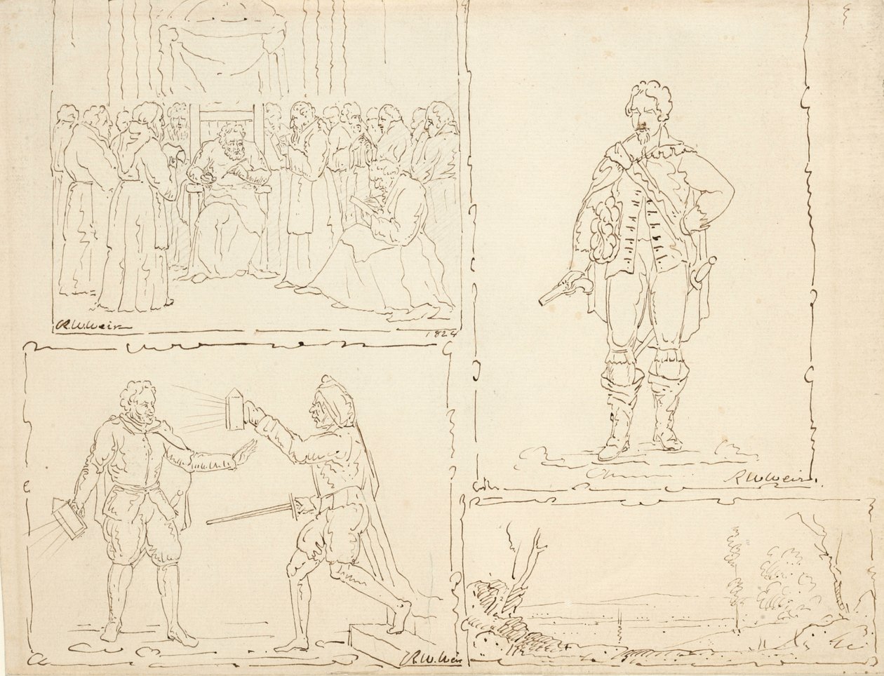 Neljä luonnosta, 1824 (kynä ja ruskea muste kiillotetulla paperilla) tekijältä Robert Walter Weir