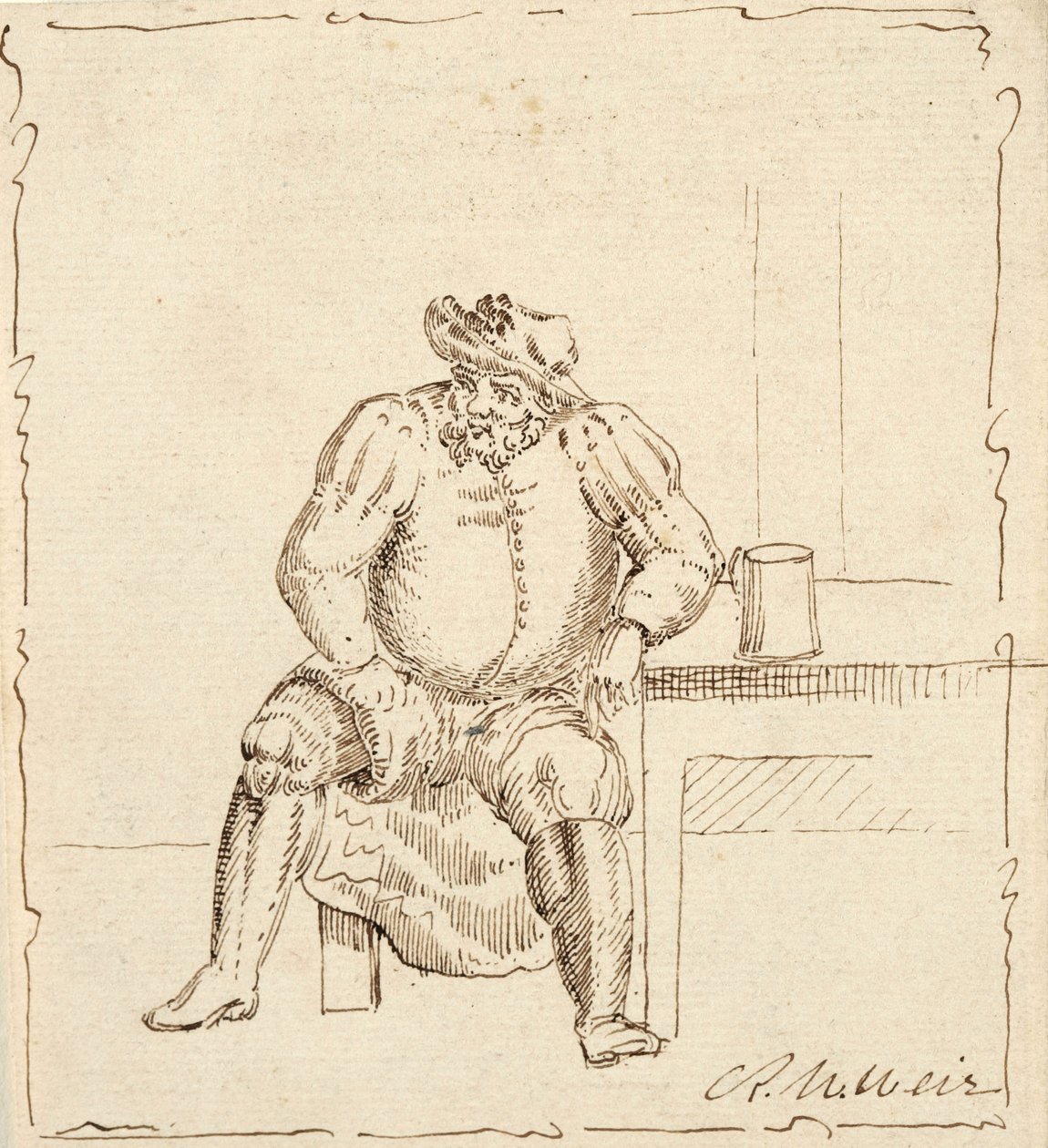 Piirros istuvasta miehestä mukin kanssa, mahdollisesti Falstaff tekijältä Robert Walter Weir