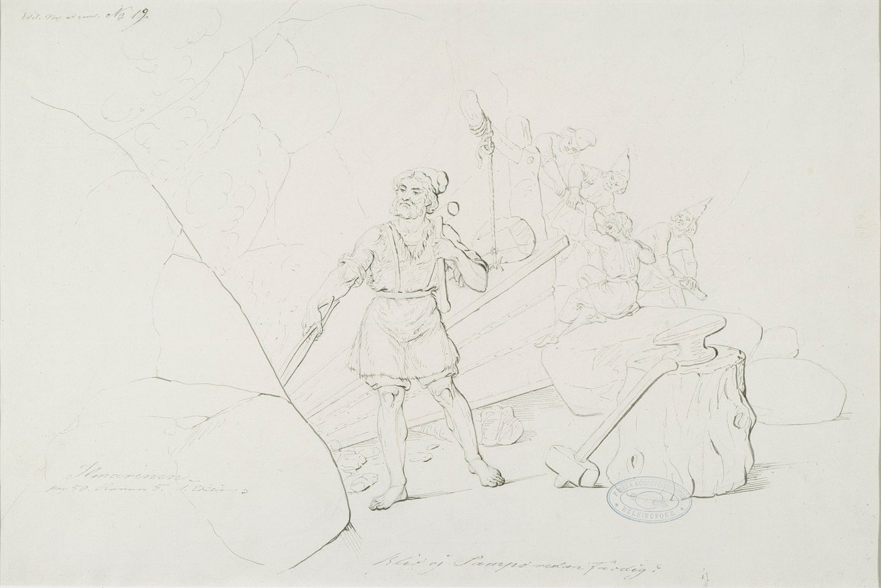 Ilmarinen takoo sampoa ; Originaalipiirustus piirrossarjaan "Kalevala, Suomen kansallisruno, piirroksin esitetty R.W.Ekman" tekijältä Robert Wilhelm Ekman