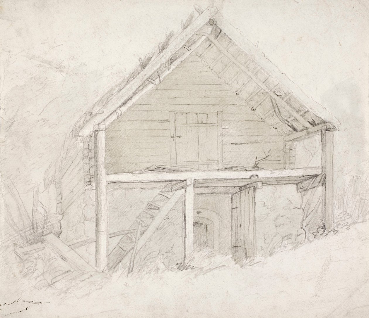 Olkikattoisen ja kivijalalla seisovan makasiinin pääty tekijältä Robert Wilhelm Ekman
