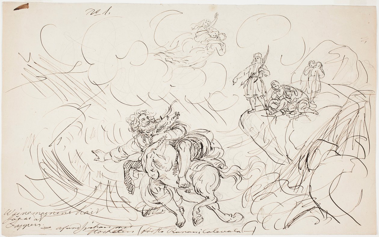 Väinämöisen ampuminen, luonnos Kalevala-aiheiseen piirustussarjaan. tekijältä Robert Wilhelm Ekman