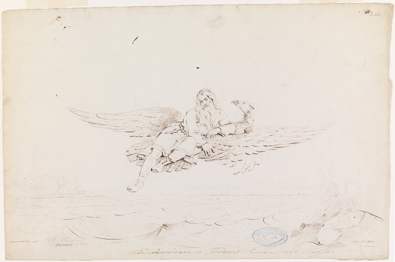 Väinämöinen kotkan kantamana ; Alkuperäinen piirros "Kalevala, Suomen kansallisruno, R.W.Ekmanin piirroksina". tekijältä Robert Wilhelm Ekman