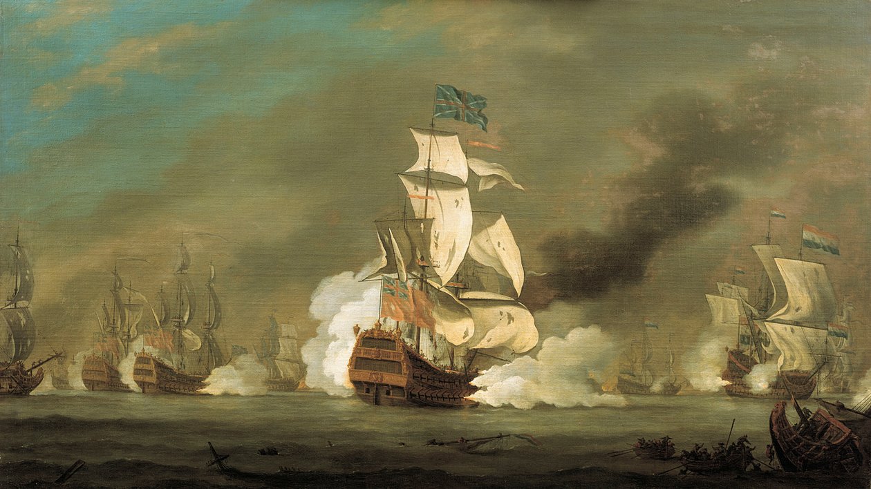 Englantilaisten ja hollantilaisten alusten välinen taistelu, 1700-luvun alku (öljy kankaalle). tekijältä Robert Woodcock