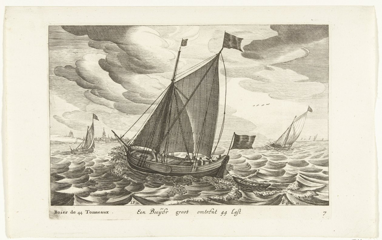Boeiers Een Boeijer groot about 44 Last / Boïer de 44 Tonneaux (otsikko esineessä) Hollandse scheepstypen, 1627 (sarjan nimi) Eri alukset Don ton se sert dans les Uniesin maakunnat / Icons of Various Dutch Ships, joita käytetään pääasiassa vesillä tekijältä Robert de Baudous (possibly)