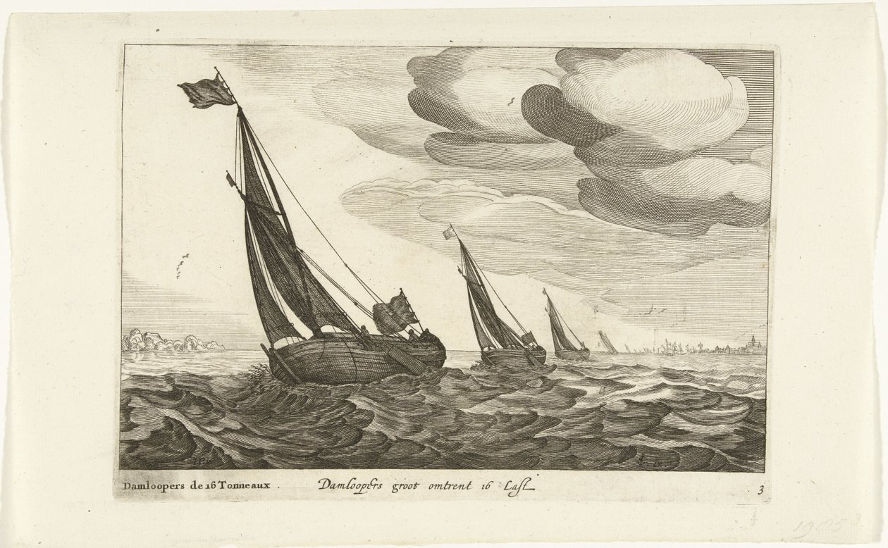 Damlooperit Damloopers groot about 16 Last / Damloopers de 16 Tonneaux (otsikko esineessä) Hollandse scheepstypen, 1627 (sarjan nimi) Eri alukset Don ton se sert dans les United Provinces / Icons of Various Dutch Ships, joiden käyttö on enimmäkseen tekijältä Robert de Baudous (possibly)