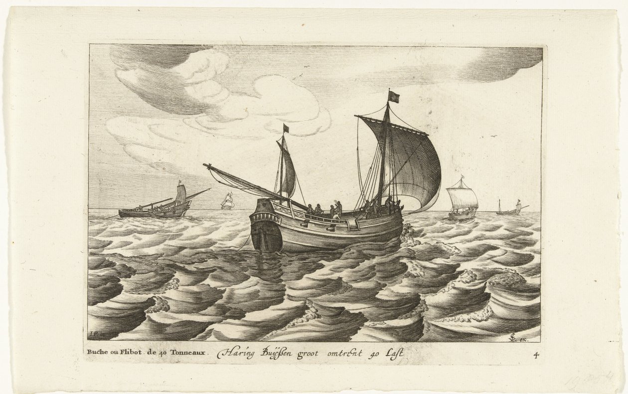 Haringbuizen Haring Buyssen groot noin 40 Last / Buche ou Flibot de 40 Tonneaux (otsikko esineessä) Hollandse scheepstypen, 1627 (sarjan nimi) Eri alukset Don ton se sert dans les Uniesin maakunnat / Eri hollantilaisten laivojen kuvakkeet, joiden käyttö tekijältä Robert de Baudous (possibly)