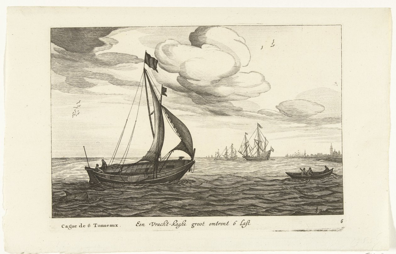 Vrachtkagen Een Vracht-kaghe groot noin 6 Last / Cague de 6 Tonneaux (otsikko esineessä) Hollandse scheepstypen, 1627 (sarjan nimi) Eri alukset Don ton se sert dans les United Provinces / Icons of Various Dutch Ships, joiden käyttö on enimmäkseen tekijältä Robert de Baudous (possibly)