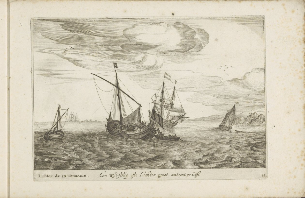 Wijdschip of lichter Een Wyt-schip ofte Lichter groot noin 30 Last / Lichter de 30 Tonneaux (otsikko esineessä) Erilaisia ​​laivoja ei ole se sert dans les Provinces Uniesissa tekijältä Robert de Baudous (possibly)