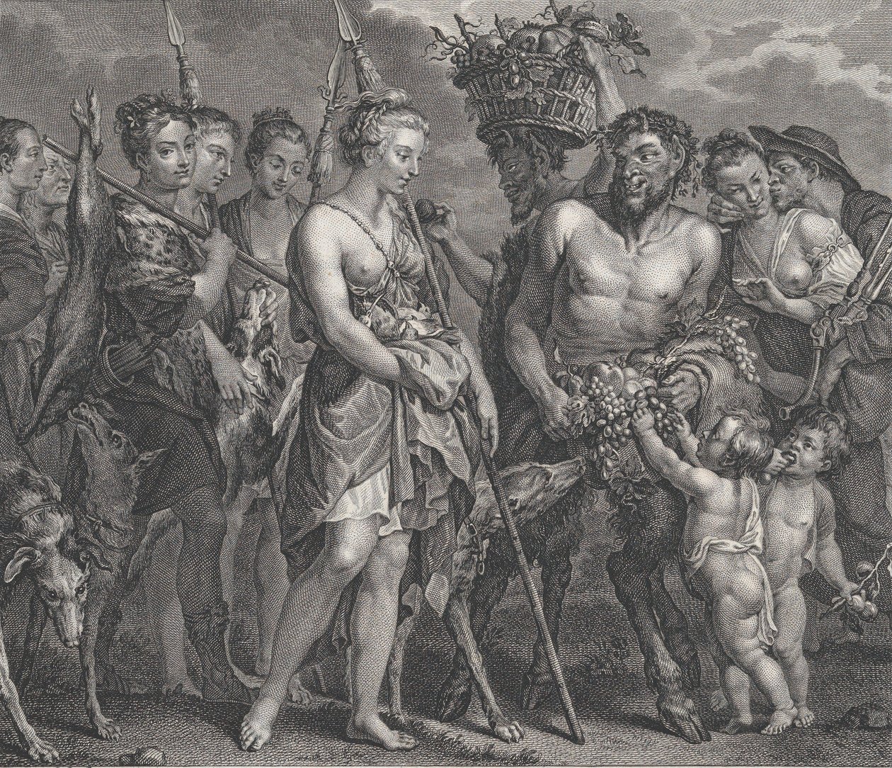 Diana palaa takaa-ajosta koirien ja nymfiensä seurassa vasemmalla, kaksi satyyriä..., n. 1808 tekijältä Robert de Launay
