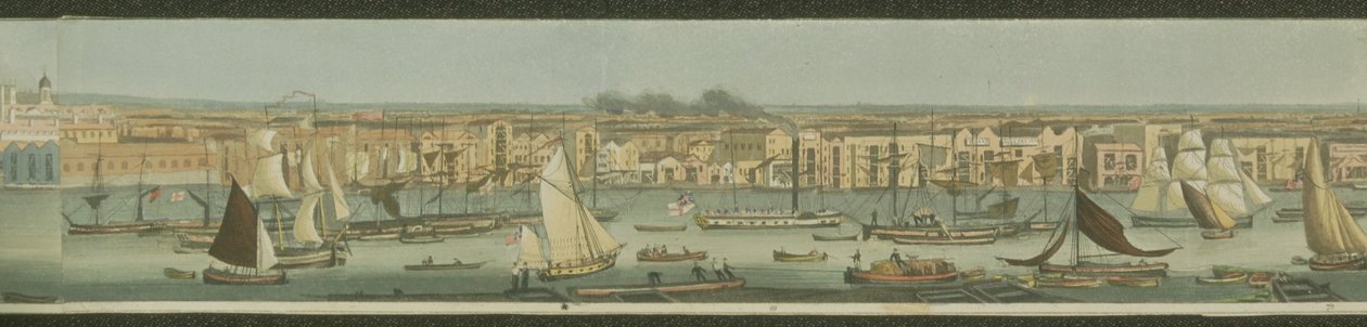 Panoraamanäkymä Thames-joesta sen etelärannalta Bermondseyn kohdalta, jossa näkyy Stepney, 1823 (akvatintti). tekijältä Robert the Elder Havell