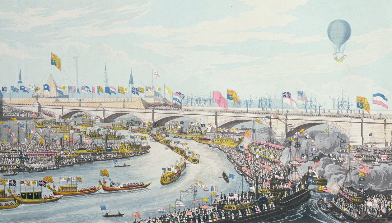 Kuningas William IV:n ja kuningatar Adelaiden New London Bridgen avaaminen, 1831 tekijältä Robert the Elder Havell