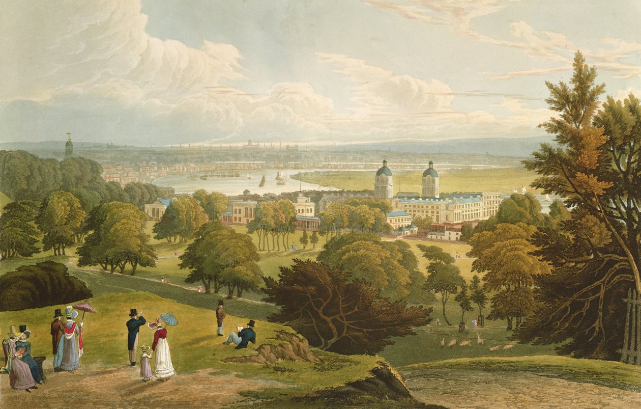 Näkymä Lontooseen otettu Greenwich Parkista, pubista. 1820, Colnaghi und Co. (akvatinta) tekijältä Robert the Elder and Younger Havell
