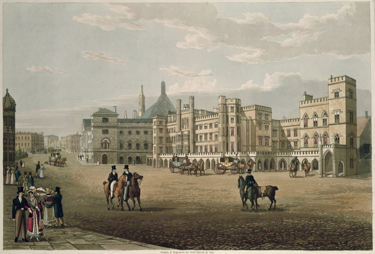 Näkymä House of Lords and Commonsille, Old Palace Yardin pubista. 1821, Colnaghi und Co. (akvatinta) tekijältä Robert the Elder and Younger Havell
