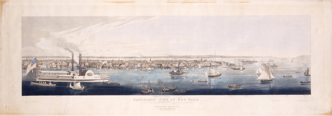 Panoraamanäkymä New Yorkista pohjoisen [Hudson]joen suunnasta, 1844 (käsinvärjätty etsaus ja akvatintta, viides tila) tekijältä Robert the Younger Havell