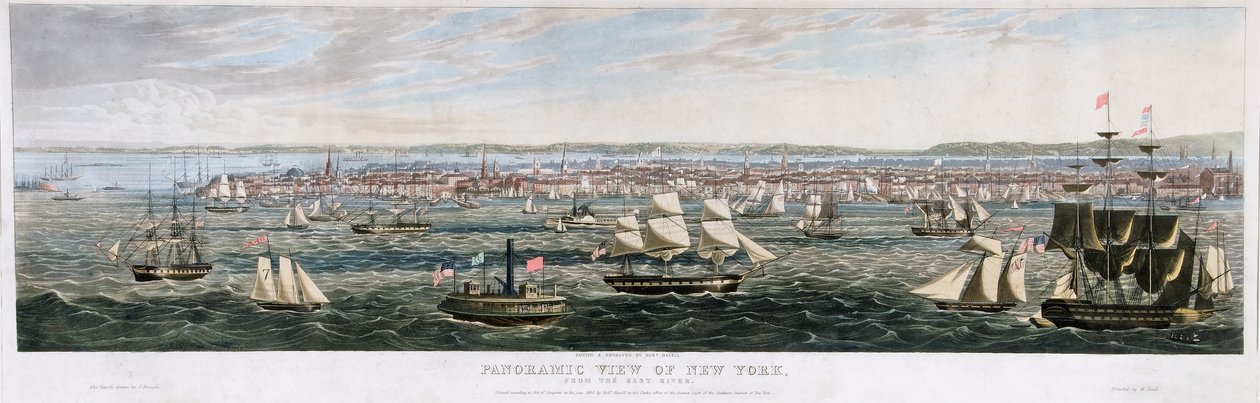 Panoraamanäkymä New Yorkiin East Riverin pubista. 1844 (väri litho) tekijältä Robert the Younger Havell
