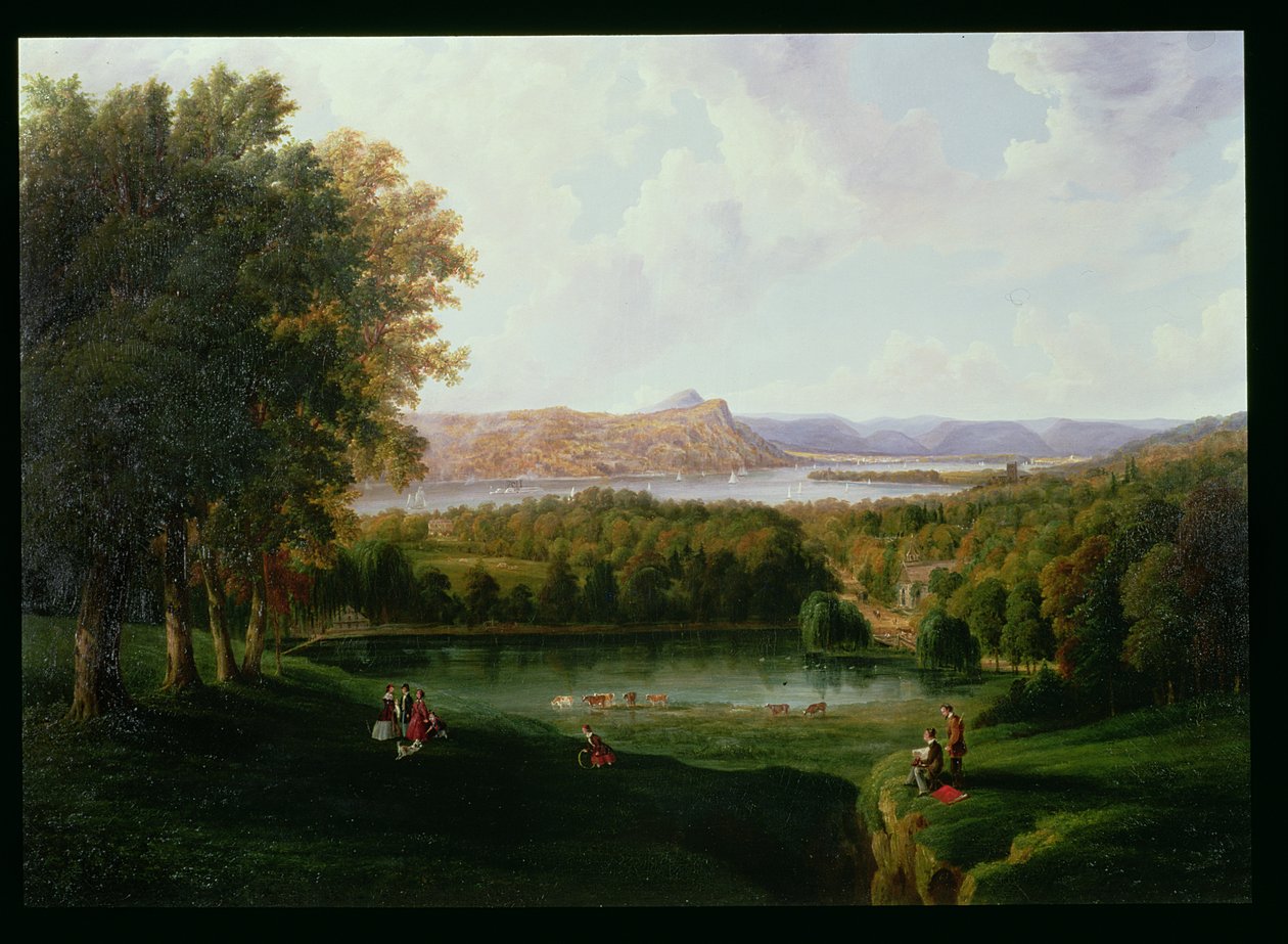 Näkymä Tarrytownista Hudson-joen vanhasta hollantilaisesta kirkosta ja Beckhamin kartanosta, 1866 tekijältä Robert the Younger Havell