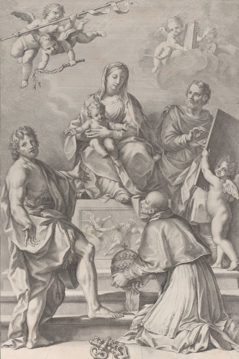 Madonna ja lapsi keskellä pyhä Johannes Kastaja, Pyhä Luukas, paavi Pietari Celestini,..., 1694. tekijältä Robert van Audenaerde