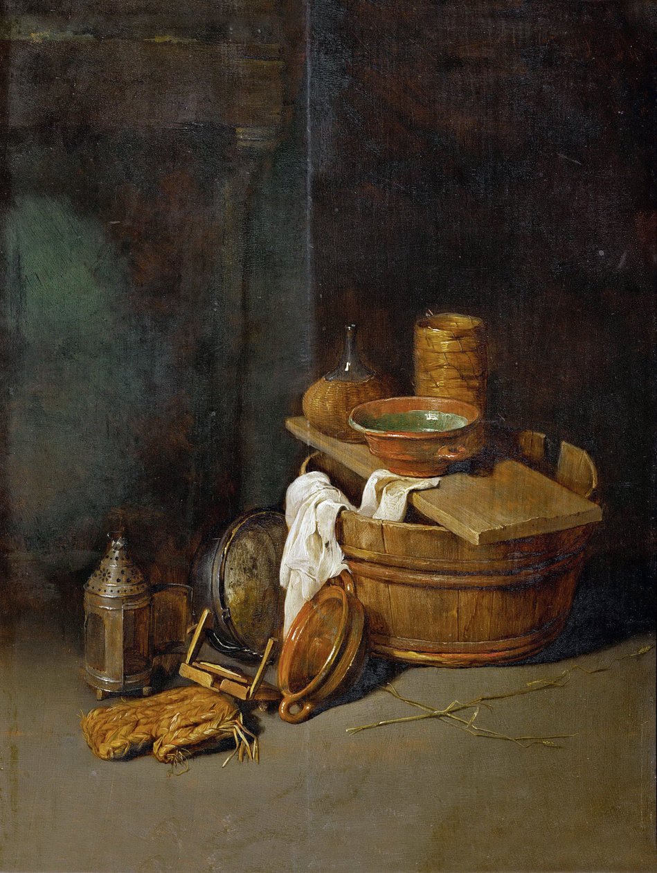 Nature morte avec des ustensiles de cuisine - Asetelma kotitalousvälineineen, kirjoittanut Hoecke, Robert van den (1622-1668). Öljy puulle tekijältä Robert van den Hoecke