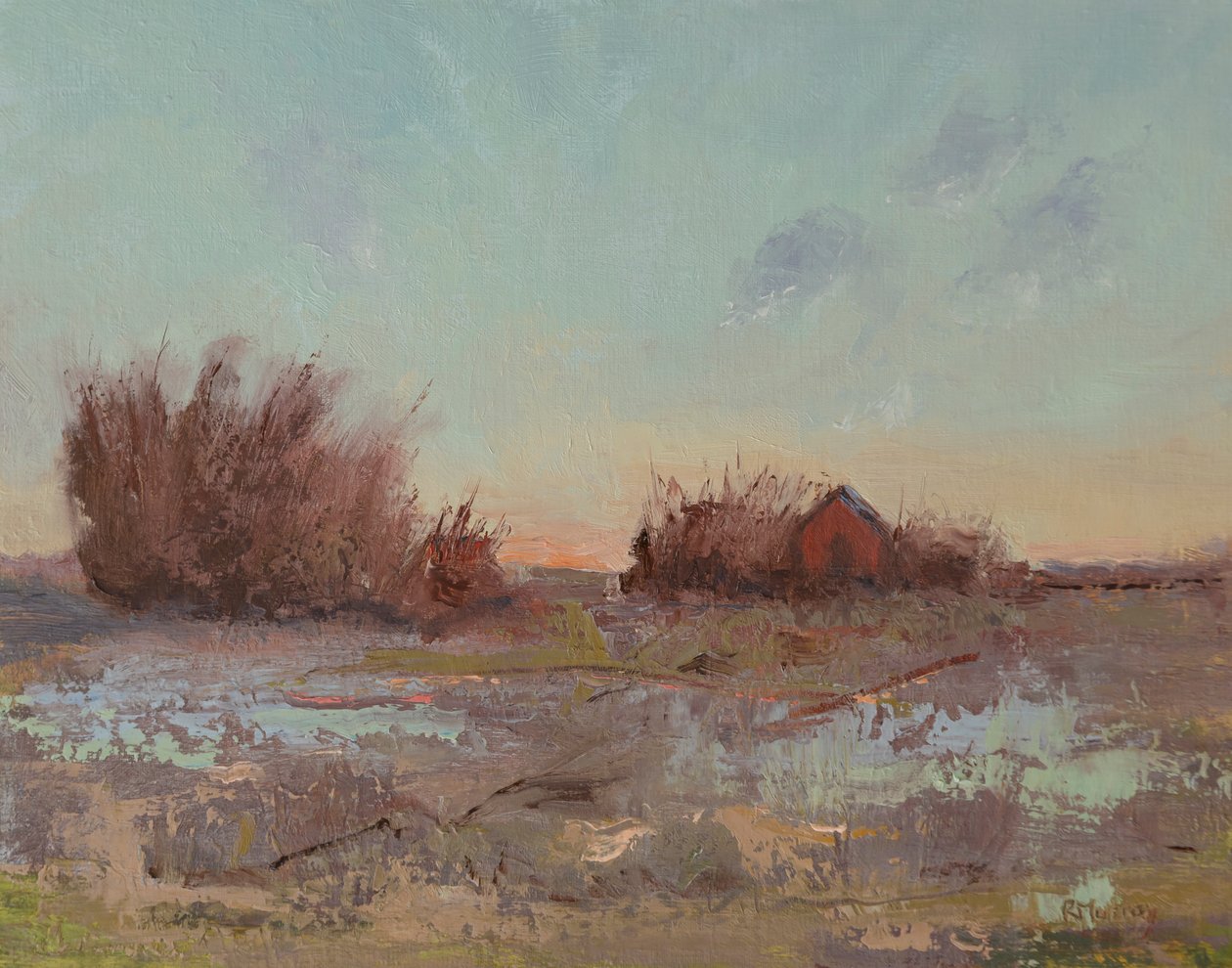 Granaries By The Slough, 2023 (öljy pellavapaneelille) tekijältä Roberta Murray
