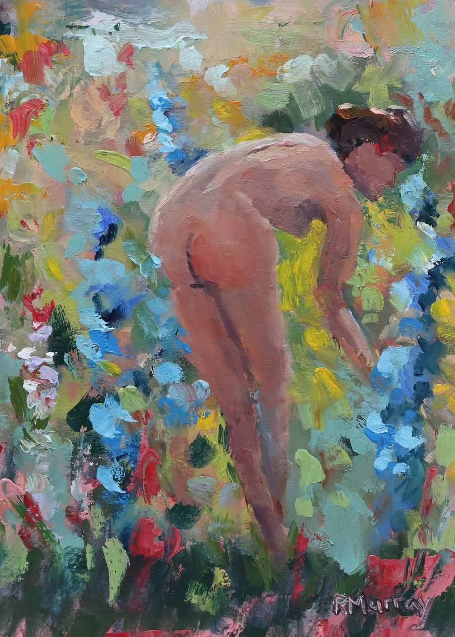 She Loved Her Delphiniums, 2023 (öljy paperille) tekijältä Roberta Murray