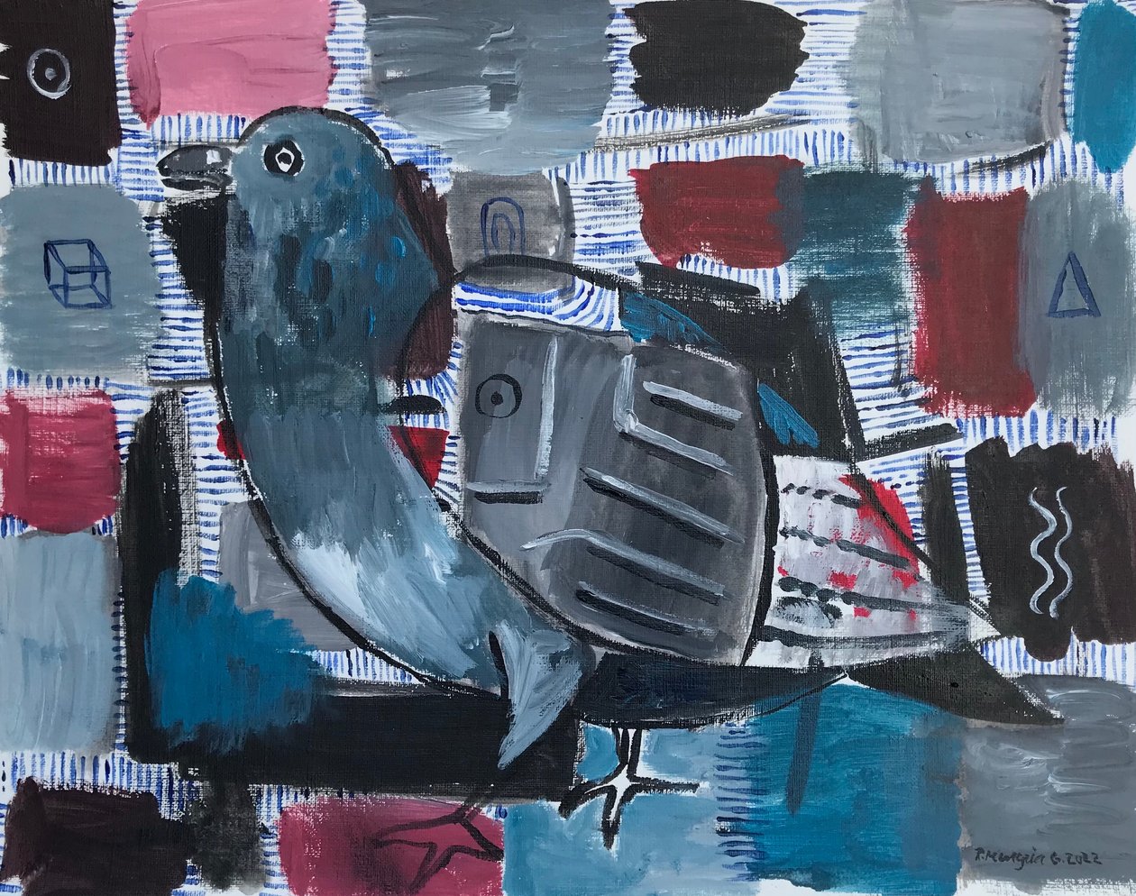 Pigeon Tales, n.2022 (akryyli paperille). tekijältä Roberto Munguia