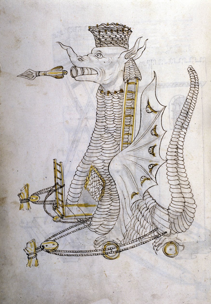 Sotataide: sotilaskoneiden tutkimus. ""Arabica machina"", arabikone kaupungin piirittämiseen, kuvitus insinööri Roberto Valturion (1413-1483?) teoksesta "De re Militari" tekijältä Roberto Valturio