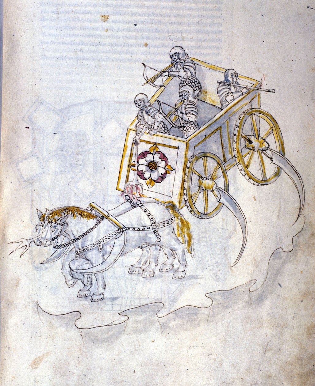 Sotataide: sotilaskoneiden tutkimus. Viikateillä varustettu säiliö, kuvitus insinööri Roberto Valturion (1405-1483?) teoksesta "De re Militari" tekijältä Roberto Valturio