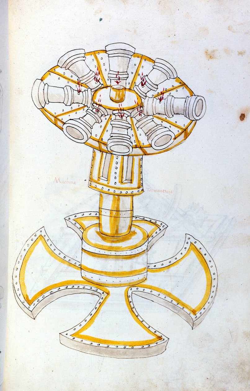 Sotataide: sotilaskoneiden tutkimus. pyörivä tykki, kuvitus teoksesta "De re Militari", insinööri Roberto Valturio (1405-1483?) tekijältä Roberto Valturio