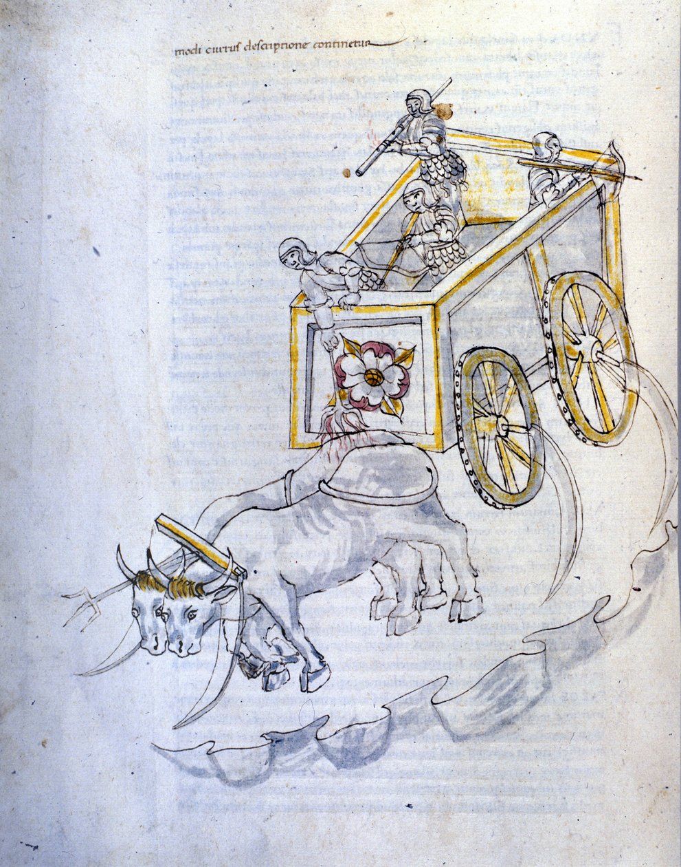 Sotataide: sotilaskoneiden tutkimus. viikateillä varustettu tankki, kuvitus insinööri Roberto Valturion (1405-1483?) teoksesta "De re Militari" tekijältä Roberto Valturio