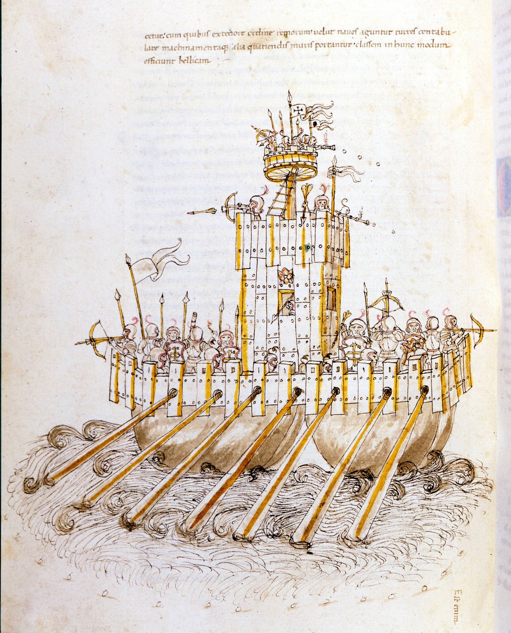 Sotataide: sotakoneiston tutkimus, taistelulaivan taistelulaivan malli. kuvitus "De re Militarin" insinööri Roberto Valturion (1405-1483?) tekijältä Roberto Valturio