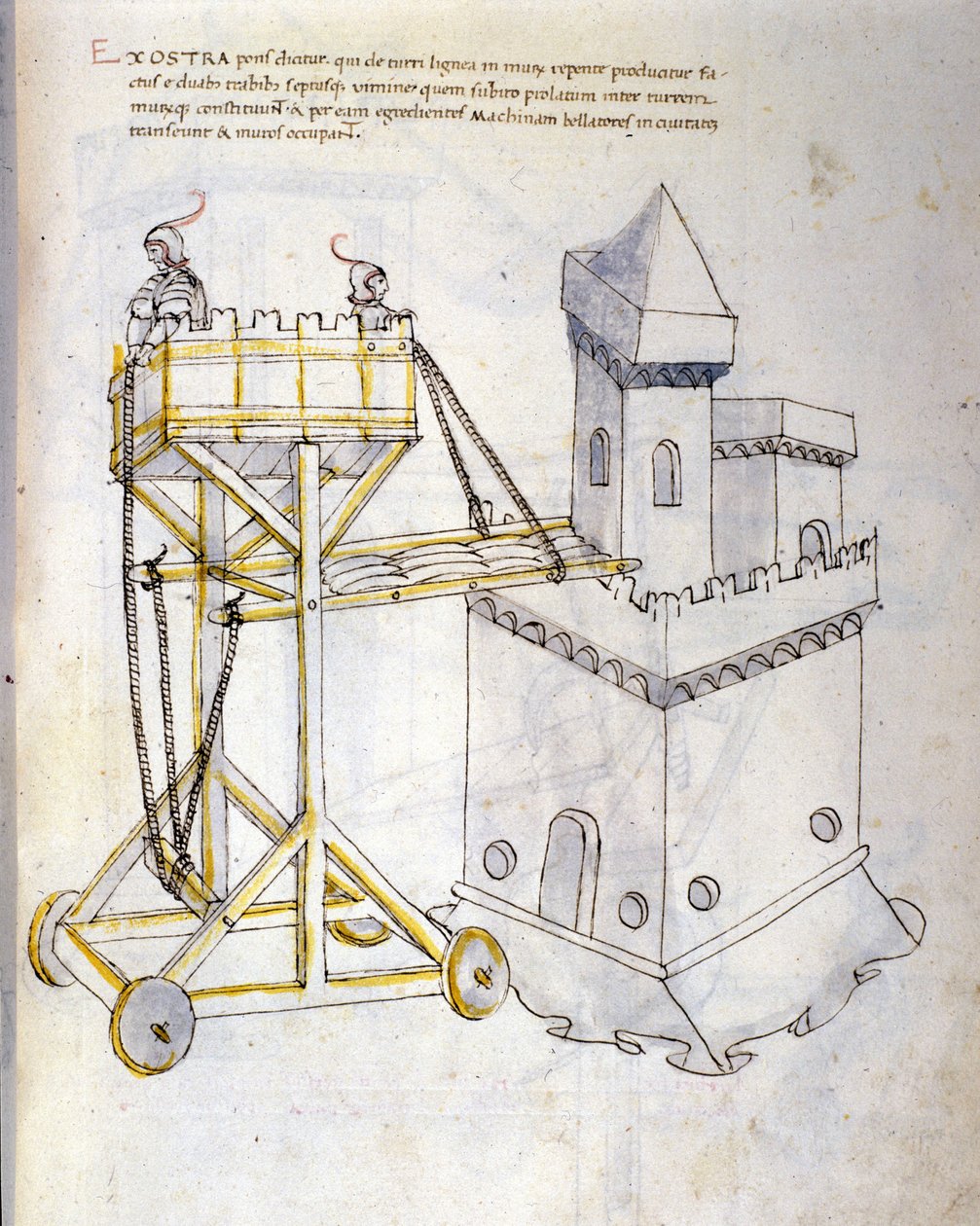 Sotataide: sotilaskoneiden tutkimus. hyökkäystorni, joka palvelee piiritystorneja, kuva insinööri Roberto Valturion (1405-1483?) De re Militarin teoksesta tekijältä Roberto Valturio