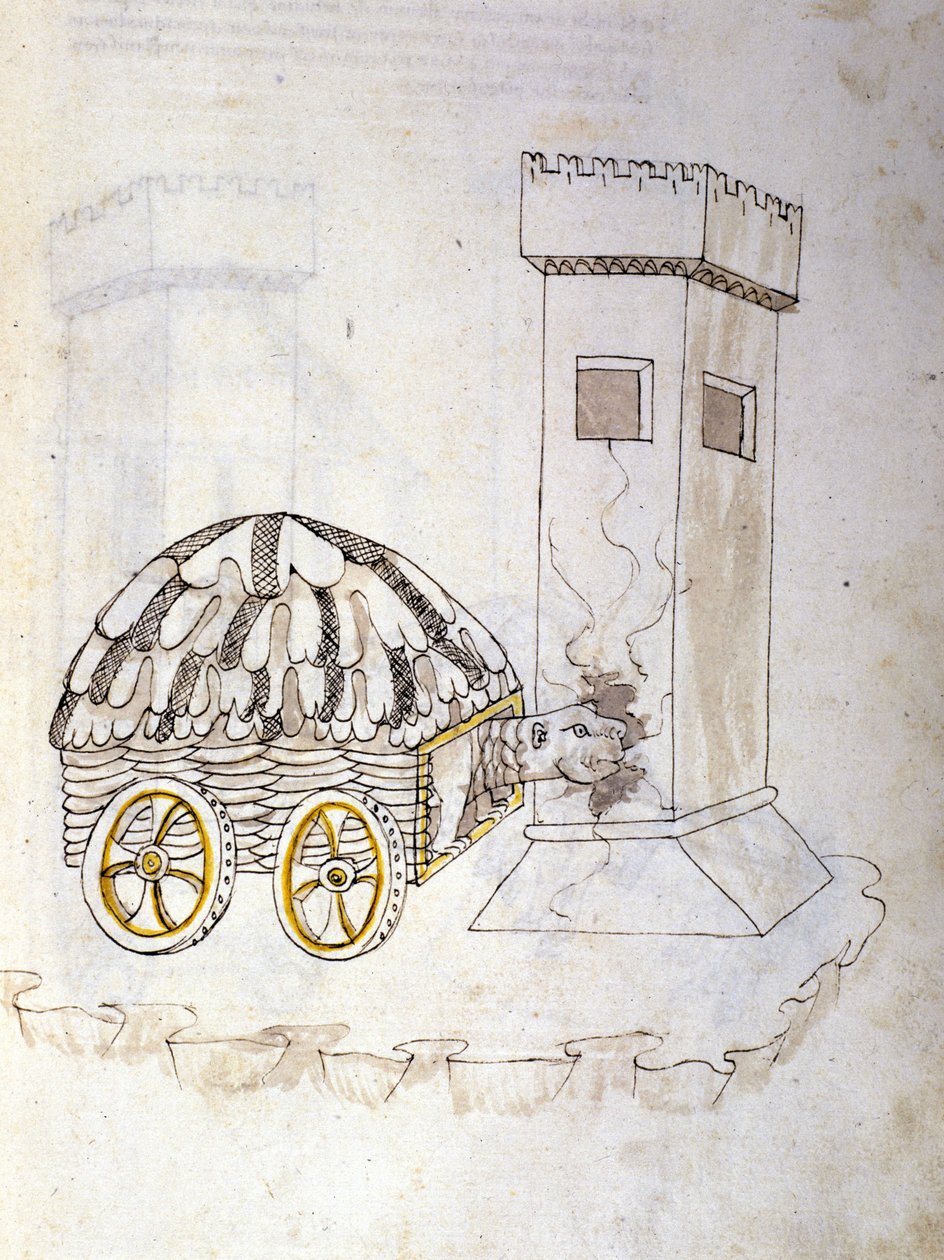 Sotataide: sotilaskoneiden tutkimus. torniin tunkeutuva karapannilla varustettu kone, kuva insinööri Roberto Valturion (1405-1483?) De re Militarista tekijältä Roberto Valturio