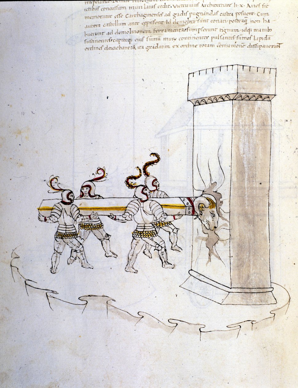 Sotataide: sotilaskoneiden tutkimus. pässin käyttö tornin piirittämiseen, kuva insinööri Roberto Valturion (1405-1483?) teoksesta "De re Militari" tekijältä Roberto Valturio