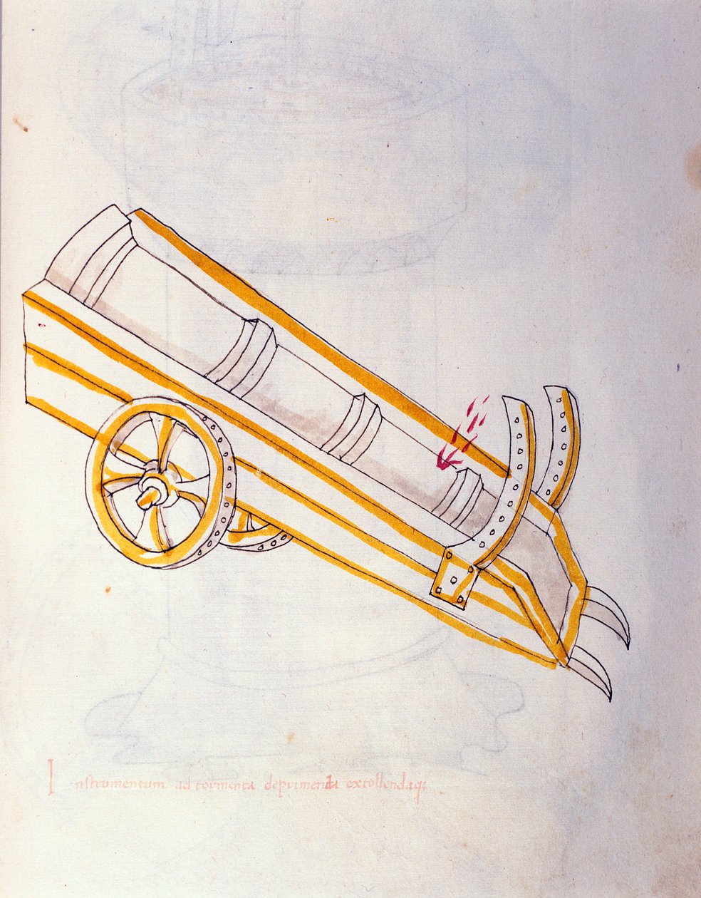 Sotataide: tutkimus sotakoneista. Canon poseeraa kellossaan, kuvitus insinööri Roberto Valturion (1405-1483?) teoksesta "De re militari" tekijältä Roberto Valturio