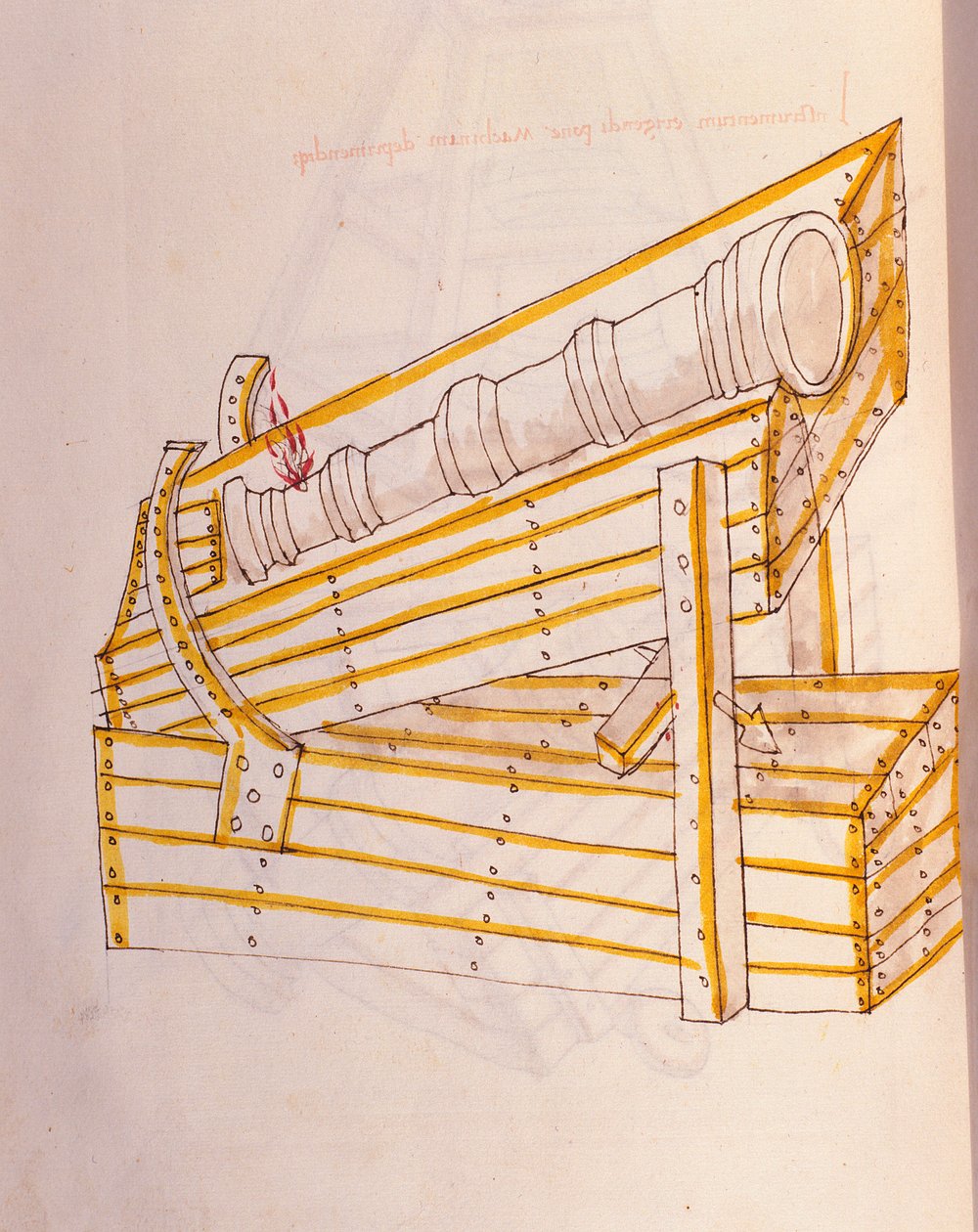 Sotataide: tutkimus sotakoneista. Canon poseeraa kellossa, jossa on nostojärjestelmä, kuvitus insinööri Roberto Valturion (1405-1483?) teoksesta "De re Militari" tekijältä Roberto Valturio