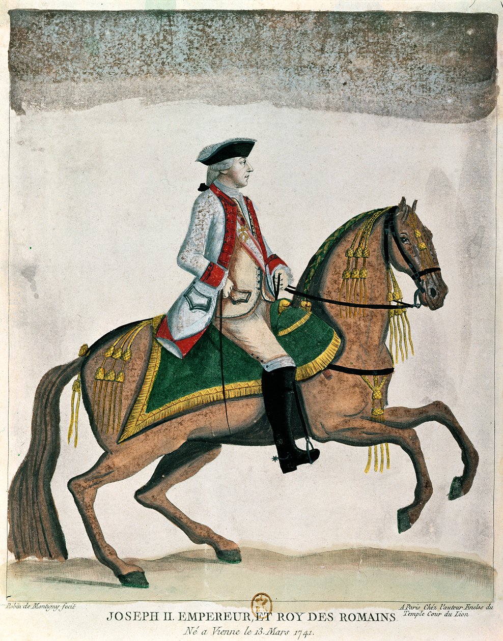 Keisari Joosef II:n (1741-90) ratsumuotokuva noin 1785 (värikaiverrus). tekijältä Robin de Montigny