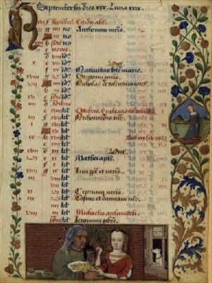 Ms lat 1173 f.5 syyskuu; kaksi hahmoa hedelmillä, Charles dAngoulemen tunteista, n. 1480 tekijältä Robinet Testard