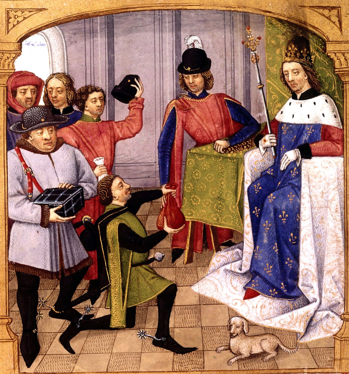 Parente francês Filipe V (1293-1322) recebendo impostos, iluminação de Robinet Testard de "Grandes Chroniques de France" 1471 finlandês tekijältä Robinet Testard